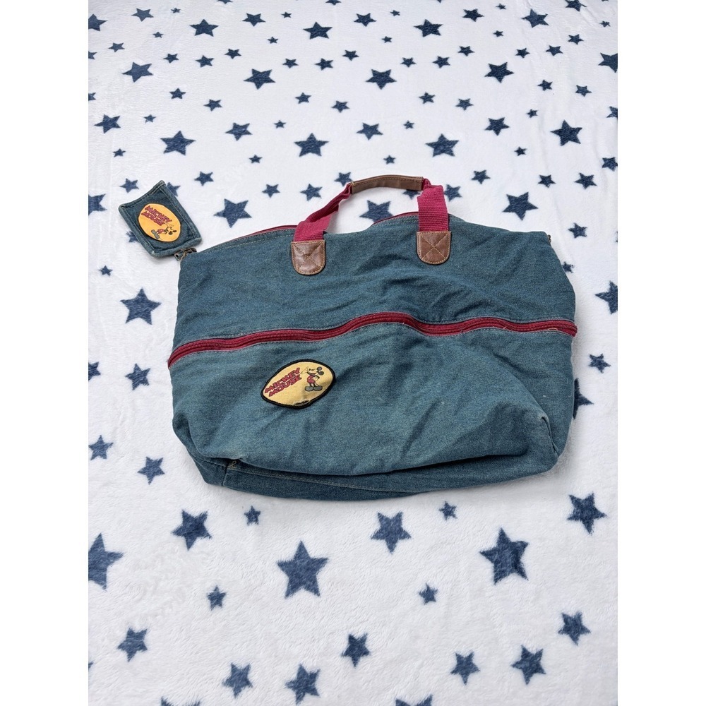 Vintage Disney Mickey Mouse Denim Duffle Bag Travel Gym Bag w Pouch
